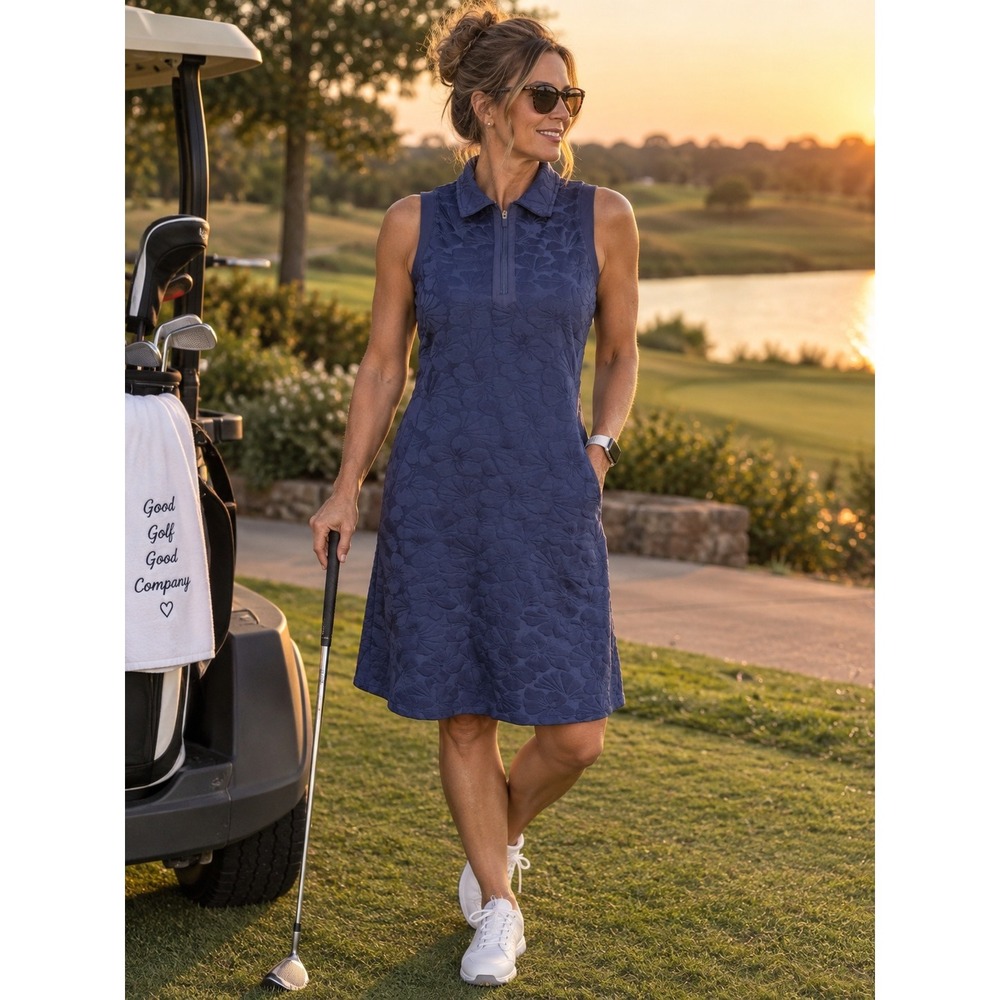 J.McLaughlin M Navy Floral Jacquard Sleeveless Half Zip Golf Shift Dress